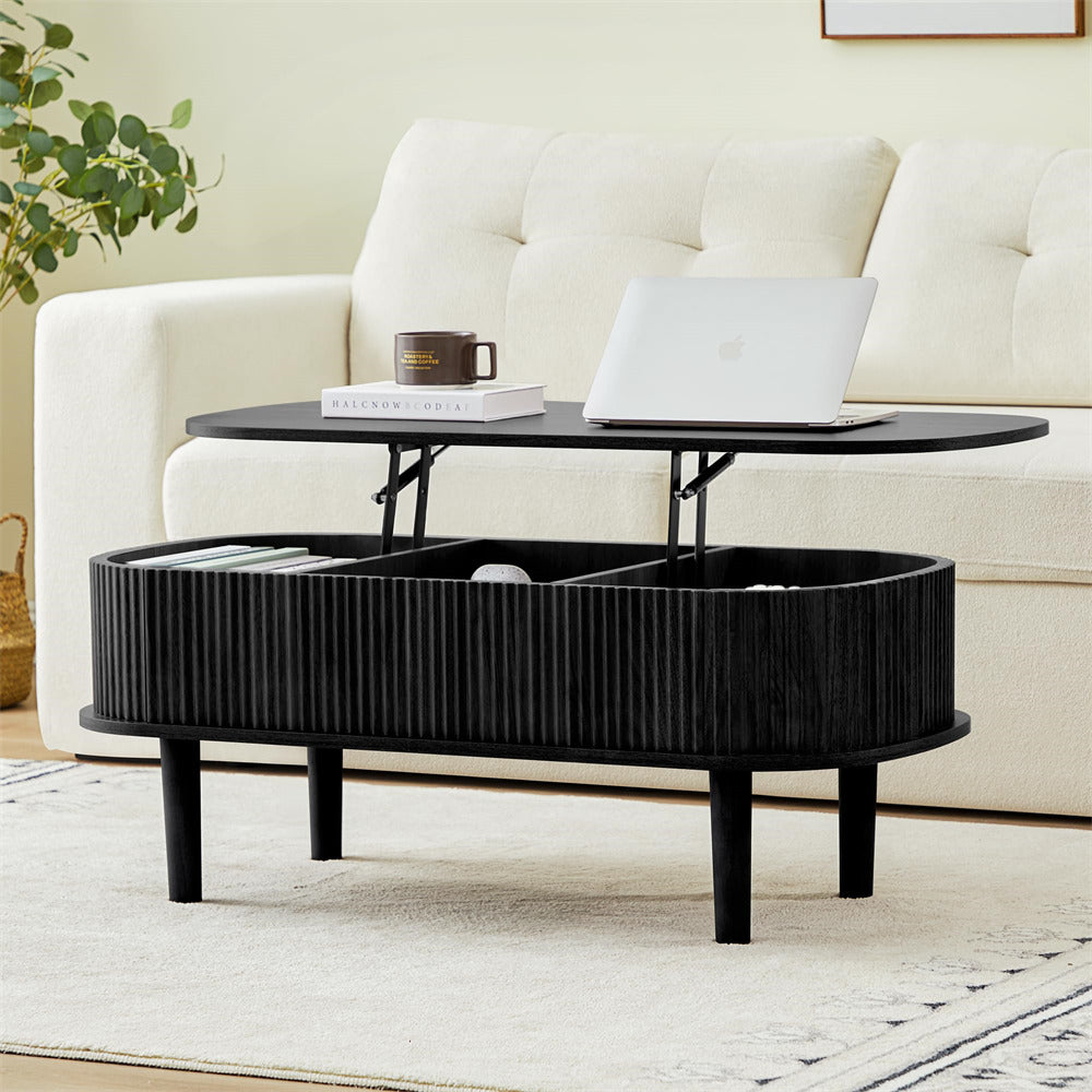 Modern Oval Fluted Wooden Lift Top Coffee Table with Hidden Compartment