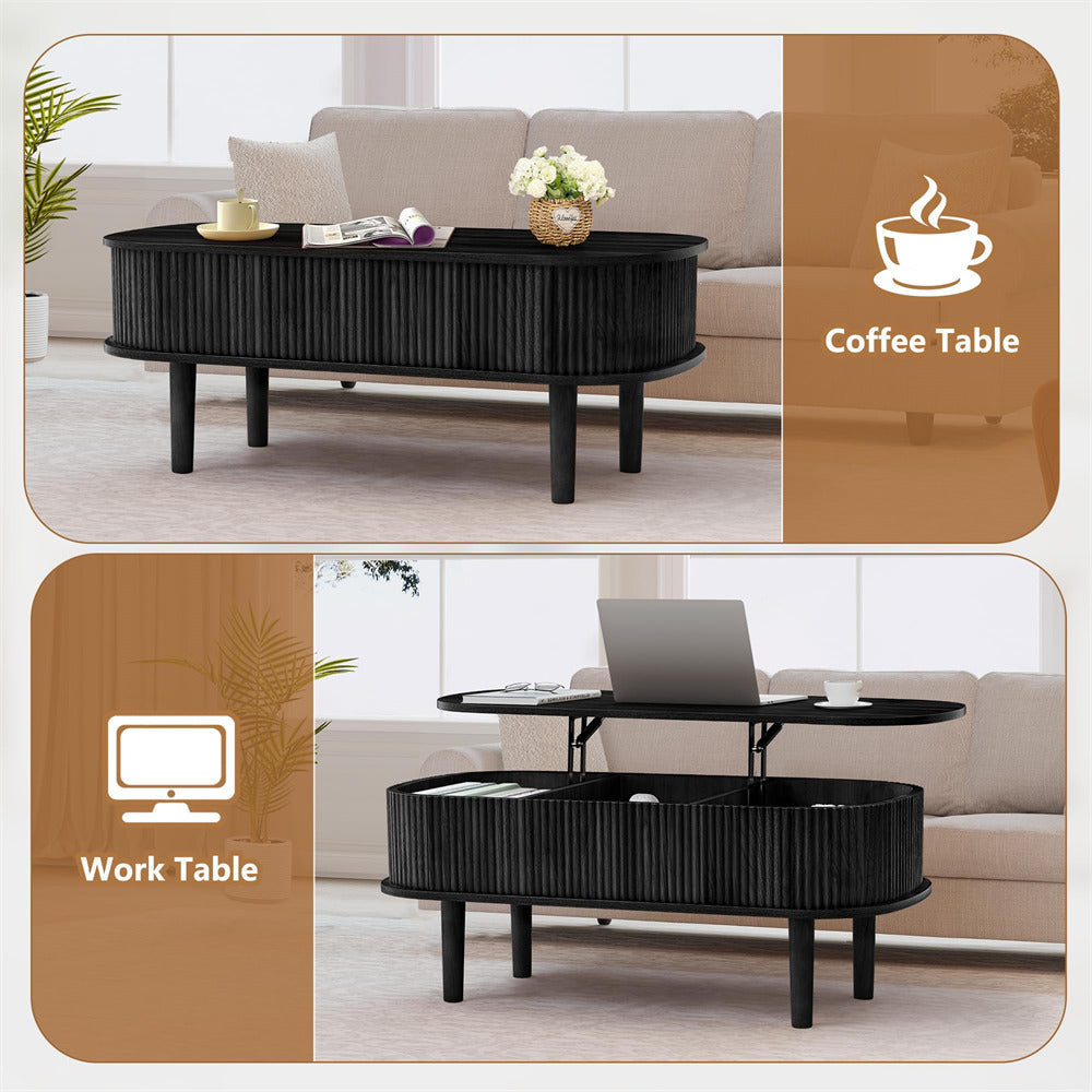 Modern Oval Fluted Wooden Lift Top Coffee Table with Hidden Compartment