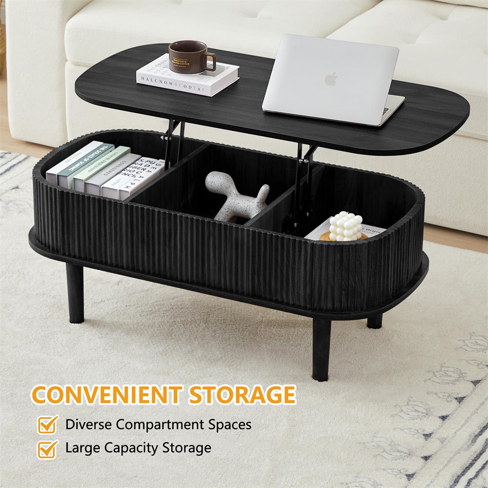 Modern Oval Fluted Wooden Lift Top Coffee Table with Hidden Compartment
