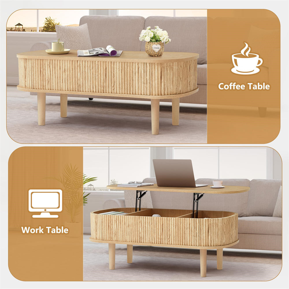 Modern Oval Fluted Wooden Lift Top Coffee Table with Hidden Compartment