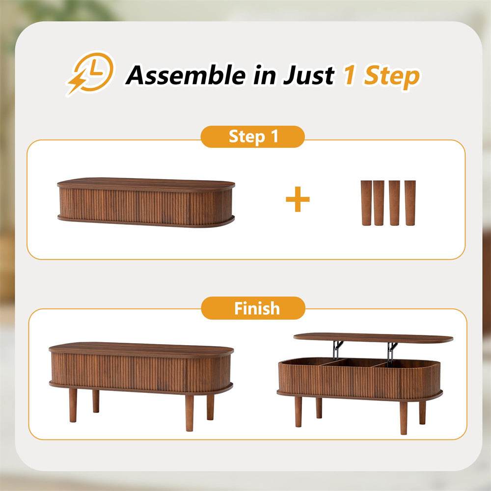 Modern Oval Fluted Wooden Lift Top Coffee Table with Hidden Compartment