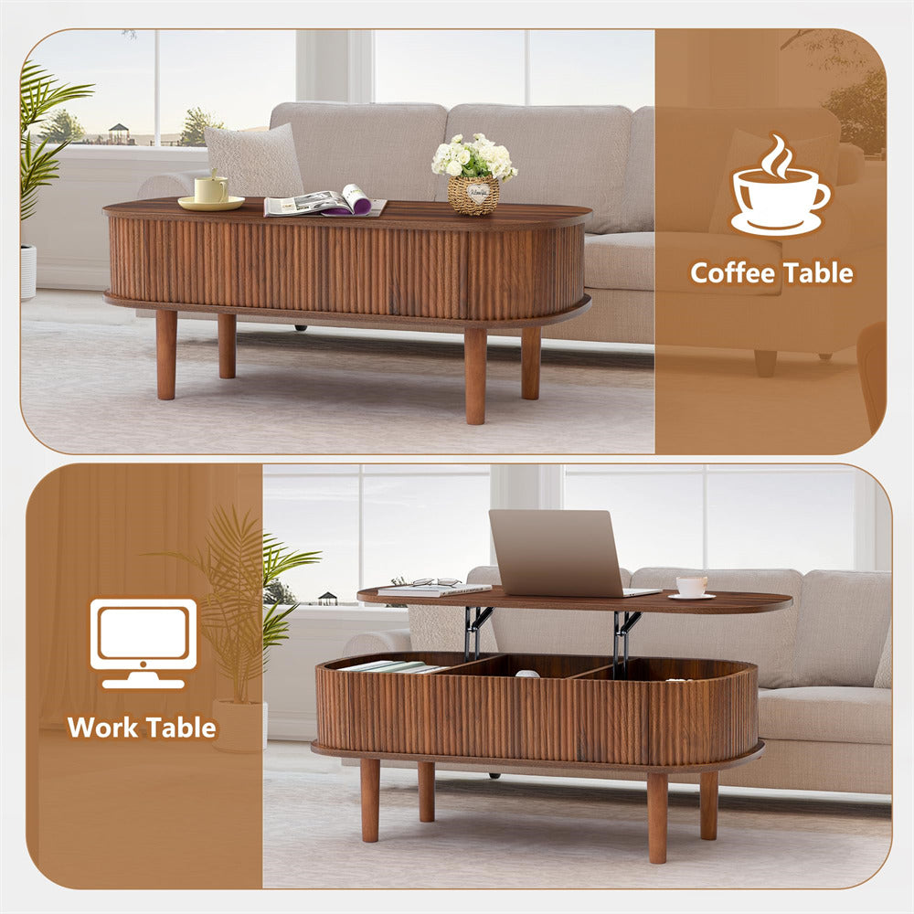 Modern Oval Fluted Wooden Lift Top Coffee Table with Hidden Compartment