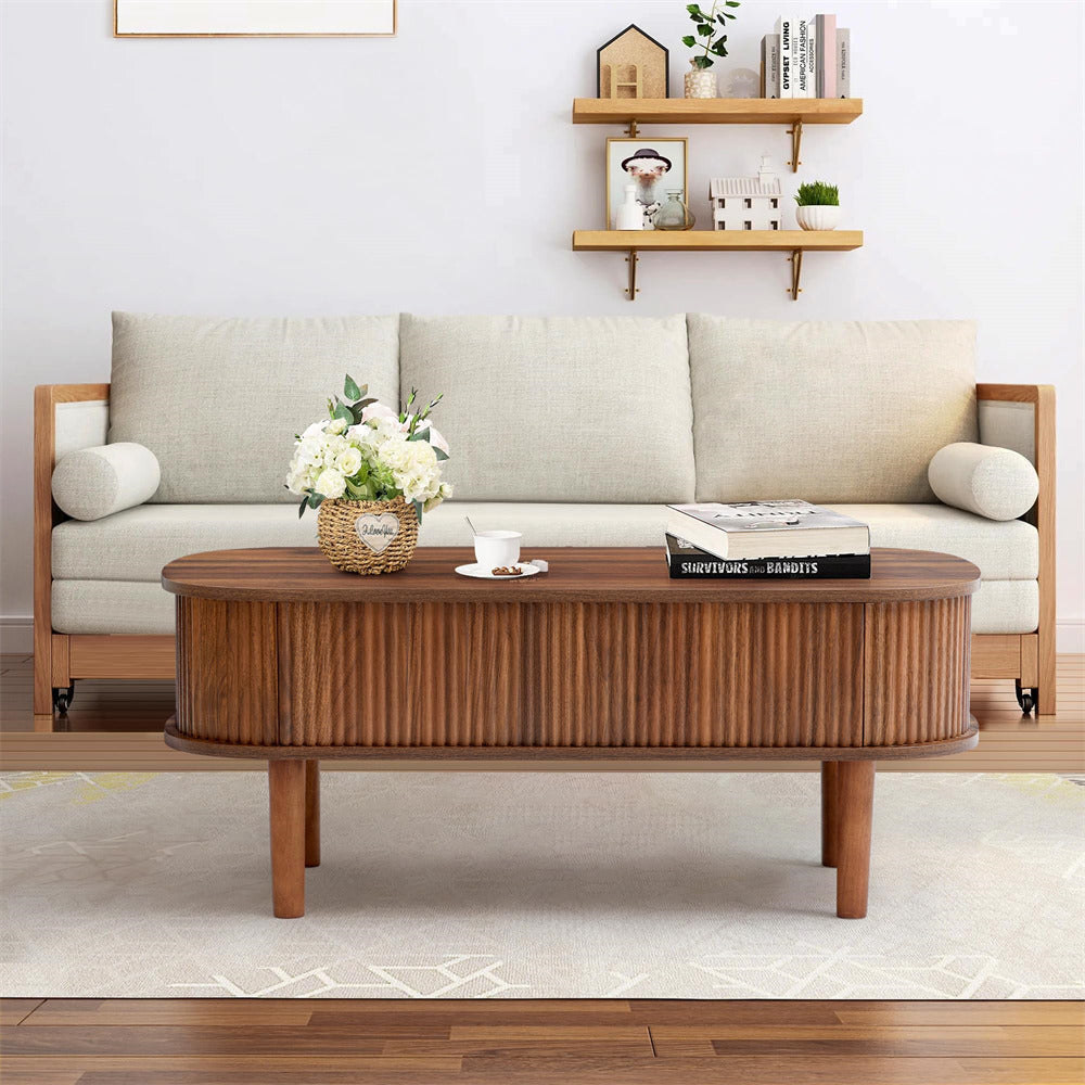 Modern Oval Fluted Wooden Lift Top Coffee Table with Hidden Compartment